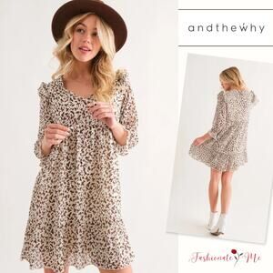 And The Why Leopard Print Long Sleeves Ruffle Hem Woven Mini Dress | Ivory